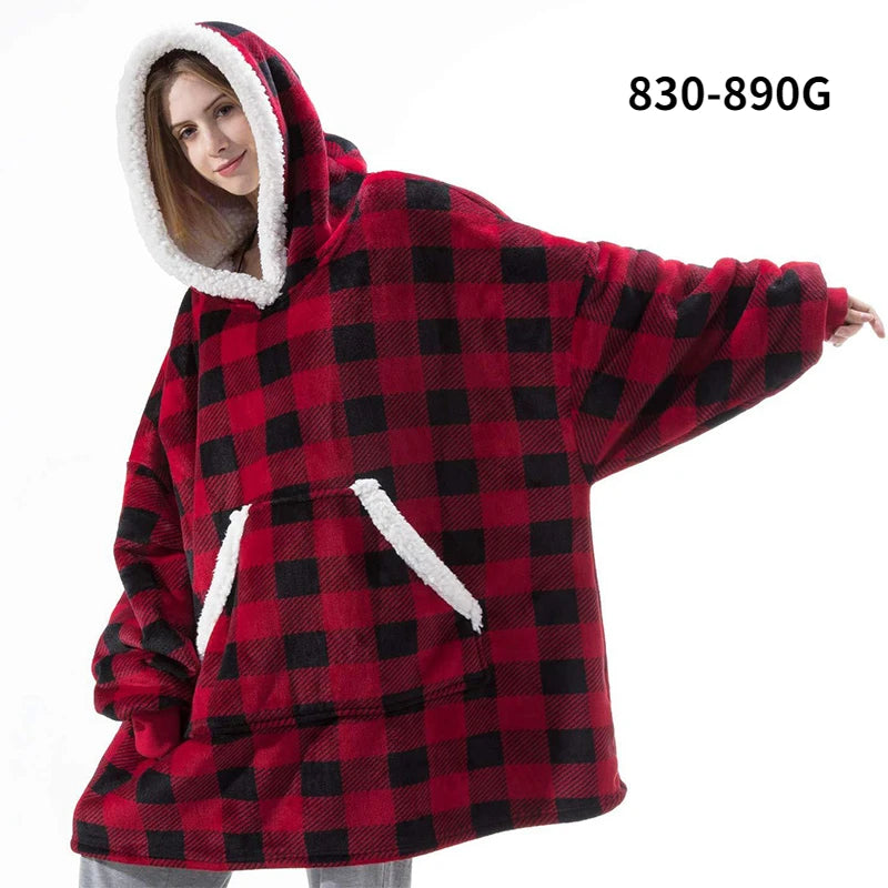 Oversized Blanket Hoodie Women Winter Hooded Wearable Family TV Blanket With Sleeves Sherpa Fleece Sweat Plaid Hoody Sweatshirt