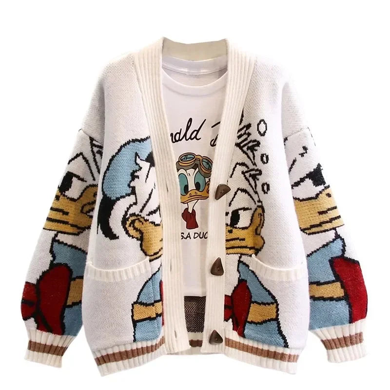 Disney Knitted Cardigan Japanese Donald Cartoon Sweaters for Women Coat Female Autumn and Winter Loose Wild Thicken Kawaii Tops