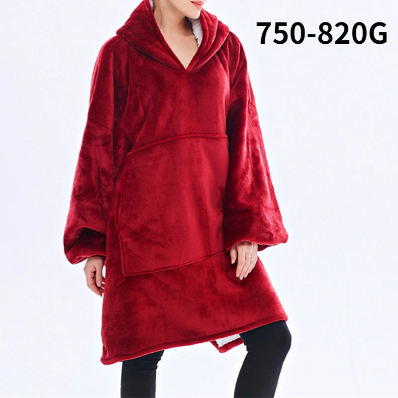 Oversized Blanket Hoodie Women Winter Hooded Wearable Family TV Blanket With Sleeves Sherpa Fleece Sweat Plaid Hoody Sweatshirt